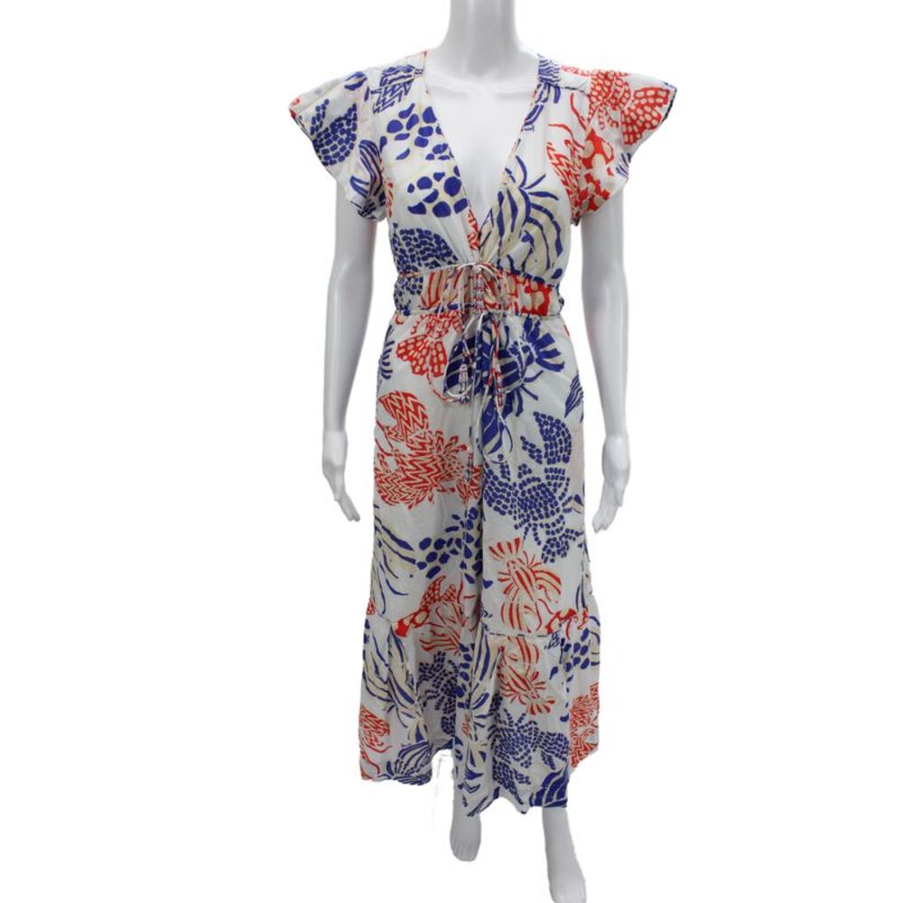 Farm Rio Women Maxi Blue Floral V-Neck Short Sleeve Cotton Dress Size M